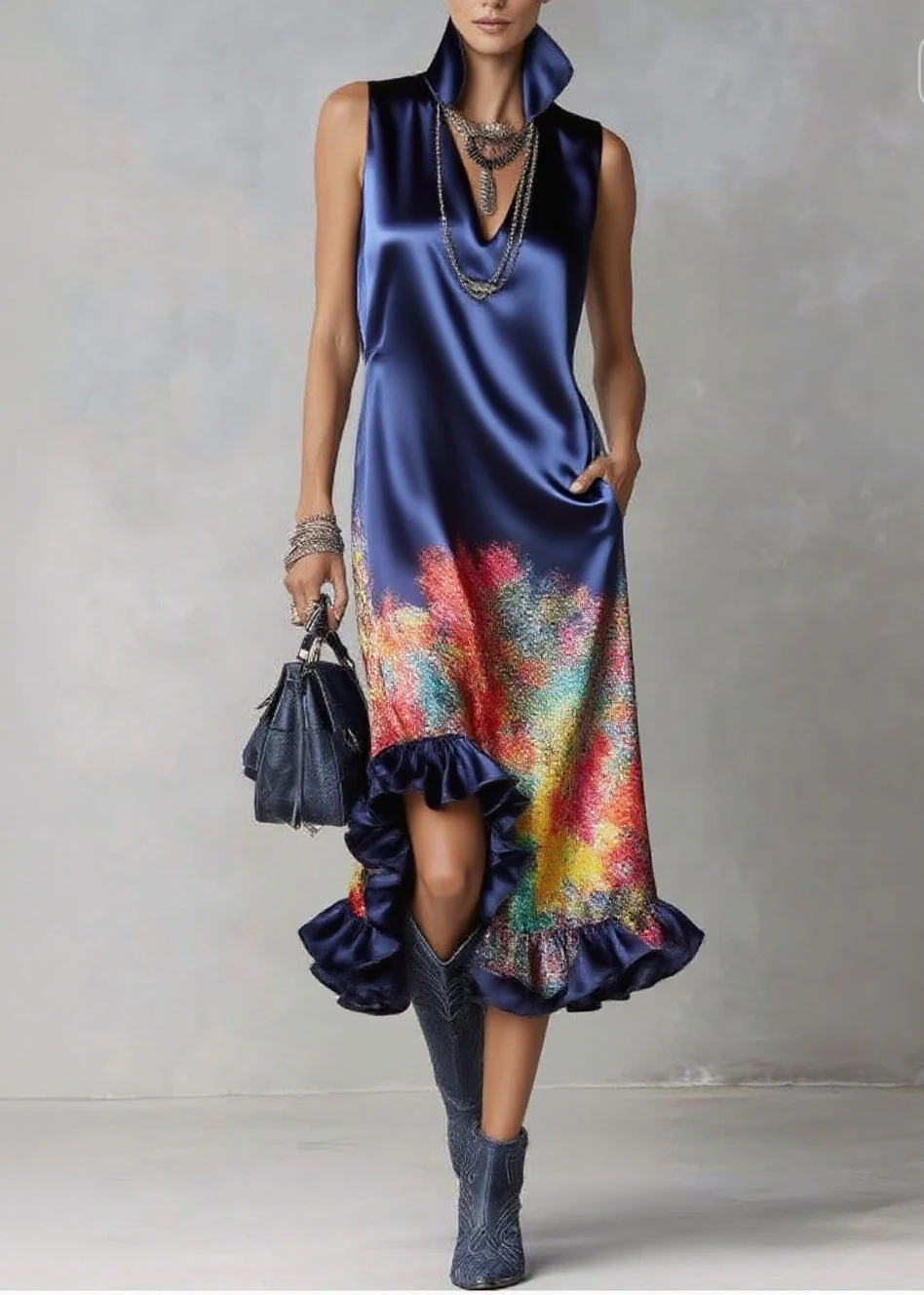 Organic Blue Ruffled Print Silk Party Dress Sleeveless - Image 3