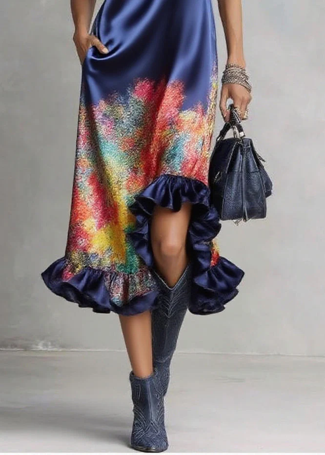 Organic Blue Ruffled Print Silk Party Dress Sleeveless - Image 4