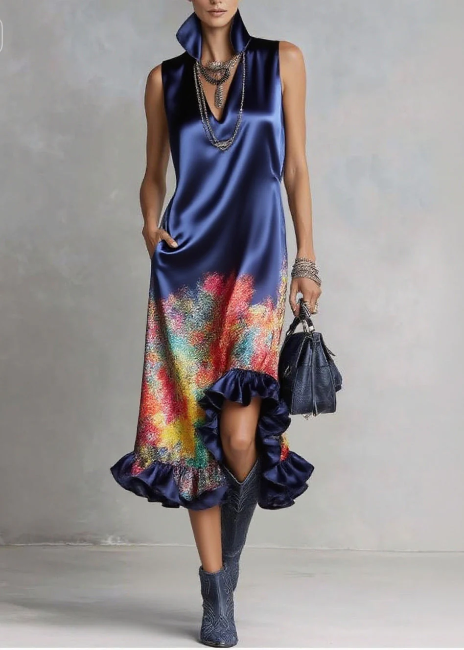 Organic Blue Ruffled Print Silk Party Dress Sleeveless - Image 5
