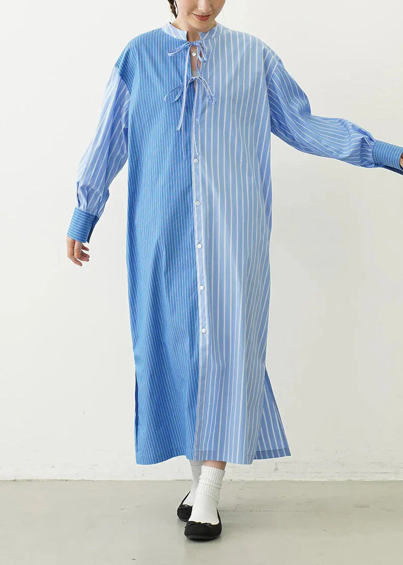 Organic Blue Striped Asymmetrical Design Shirt Dresses Spring - Image 2
