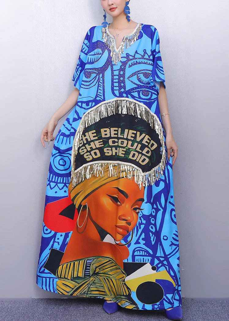 Organic Blue Tasseled Print Cotton Holiday Dresses Summer - Image 2