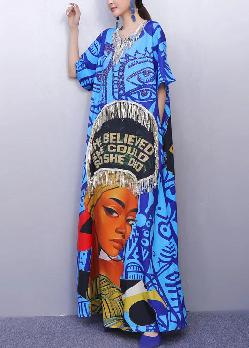 Organic Blue Tasseled Print Cotton Holiday Dresses Summer - Image 3