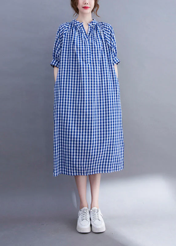 Organic Blue V Neck Plaid Cotton Long Dress Summer