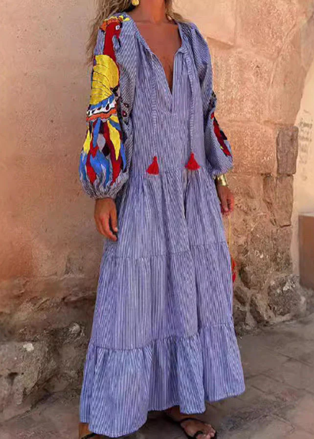 Organic Blue V Neck Print Patchwork Cotton Vacation Dresses Spring - Image 3