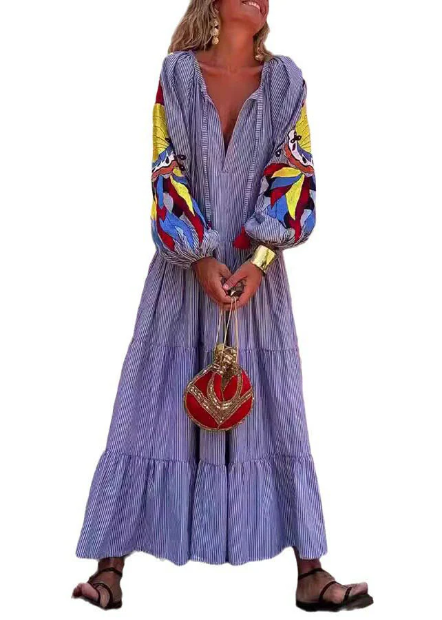 Organic Blue V Neck Print Patchwork Cotton Vacation Dresses Spring - Image 5