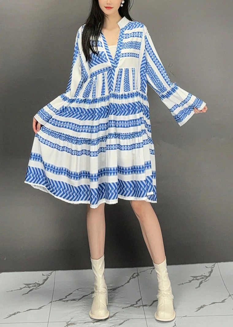 Organic Blue V Neck Striped Long Dress Flare Sleeve - Image 3