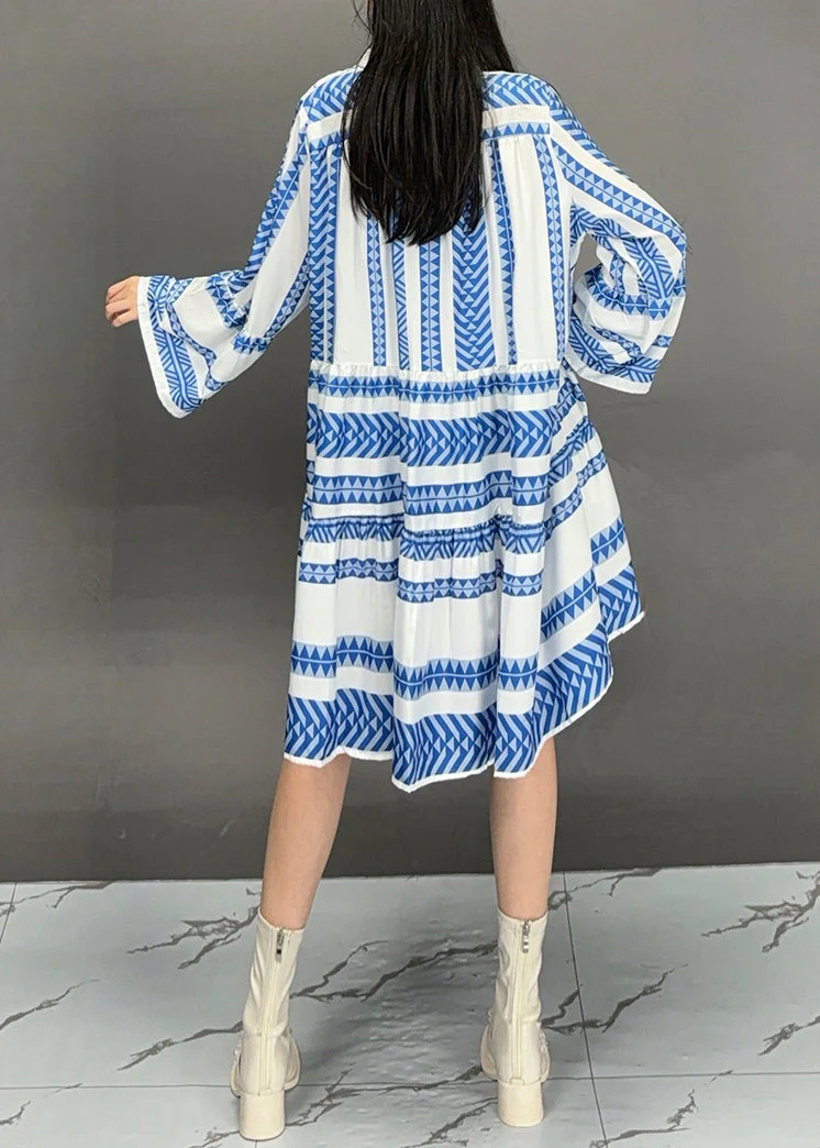 Organic Blue V Neck Striped Long Dress Flare Sleeve - Image 4