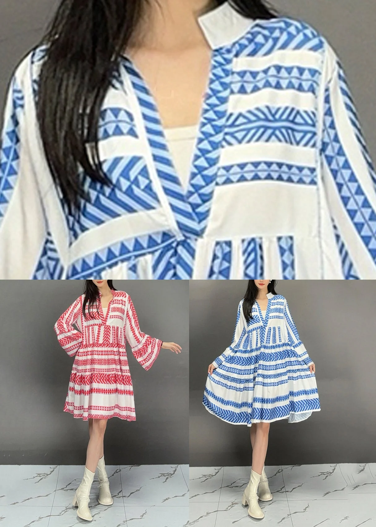 Organic Blue V Neck Striped Long Dress Flare Sleeve - Image 5