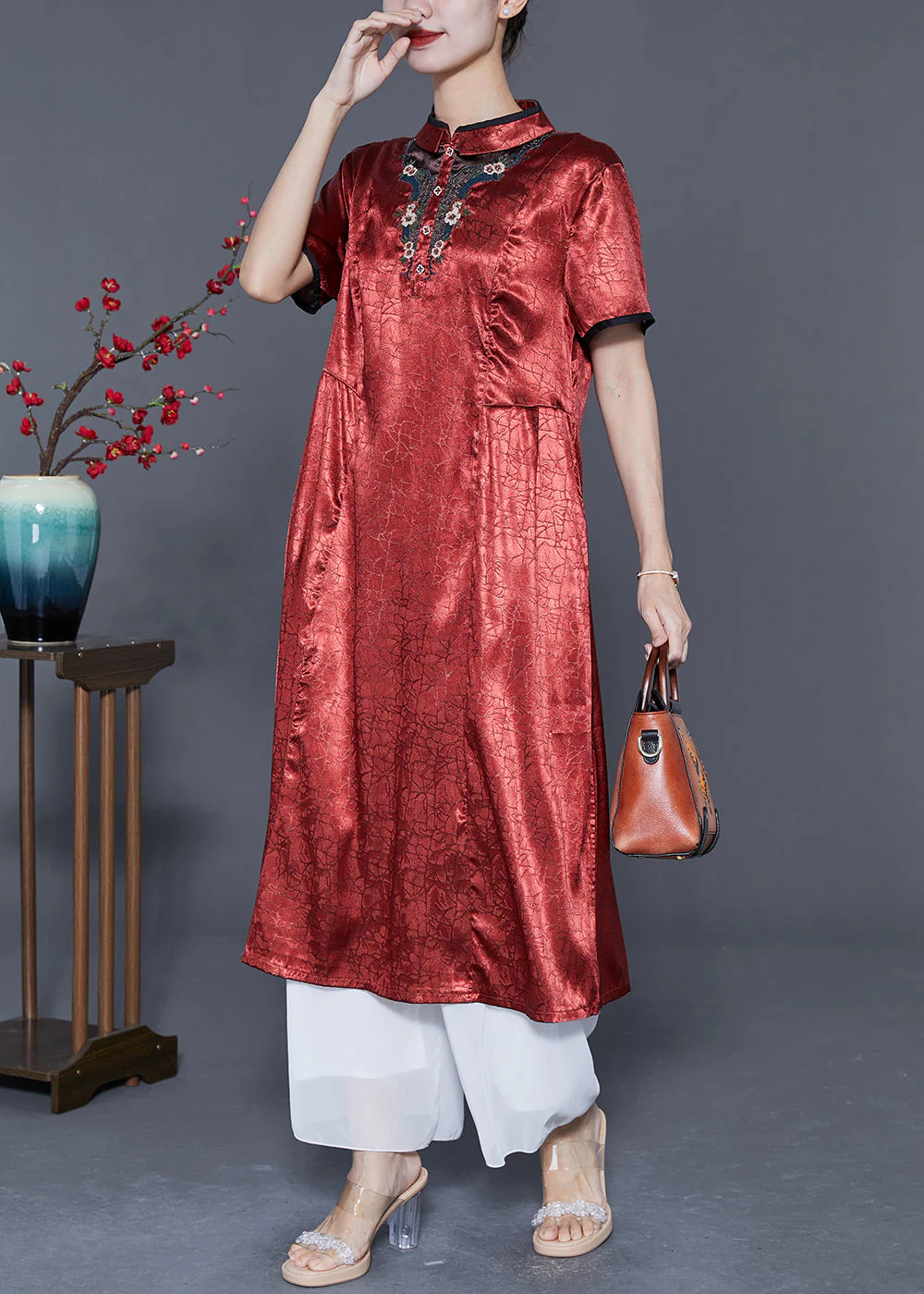 Organic Brick Red Mandarin Collar Embroideried Silk Vacation Dresses Summer