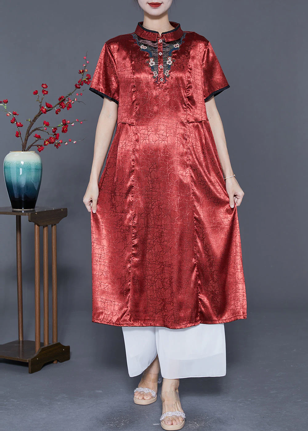 Organic Brick Red Mandarin Collar Embroideried Silk Vacation Dresses Summer - Image 2
