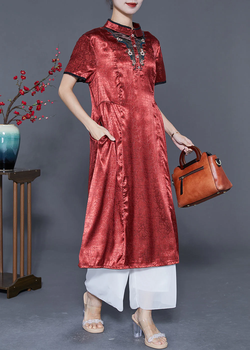 Organic Brick Red Mandarin Collar Embroideried Silk Vacation Dresses Summer - Image 3