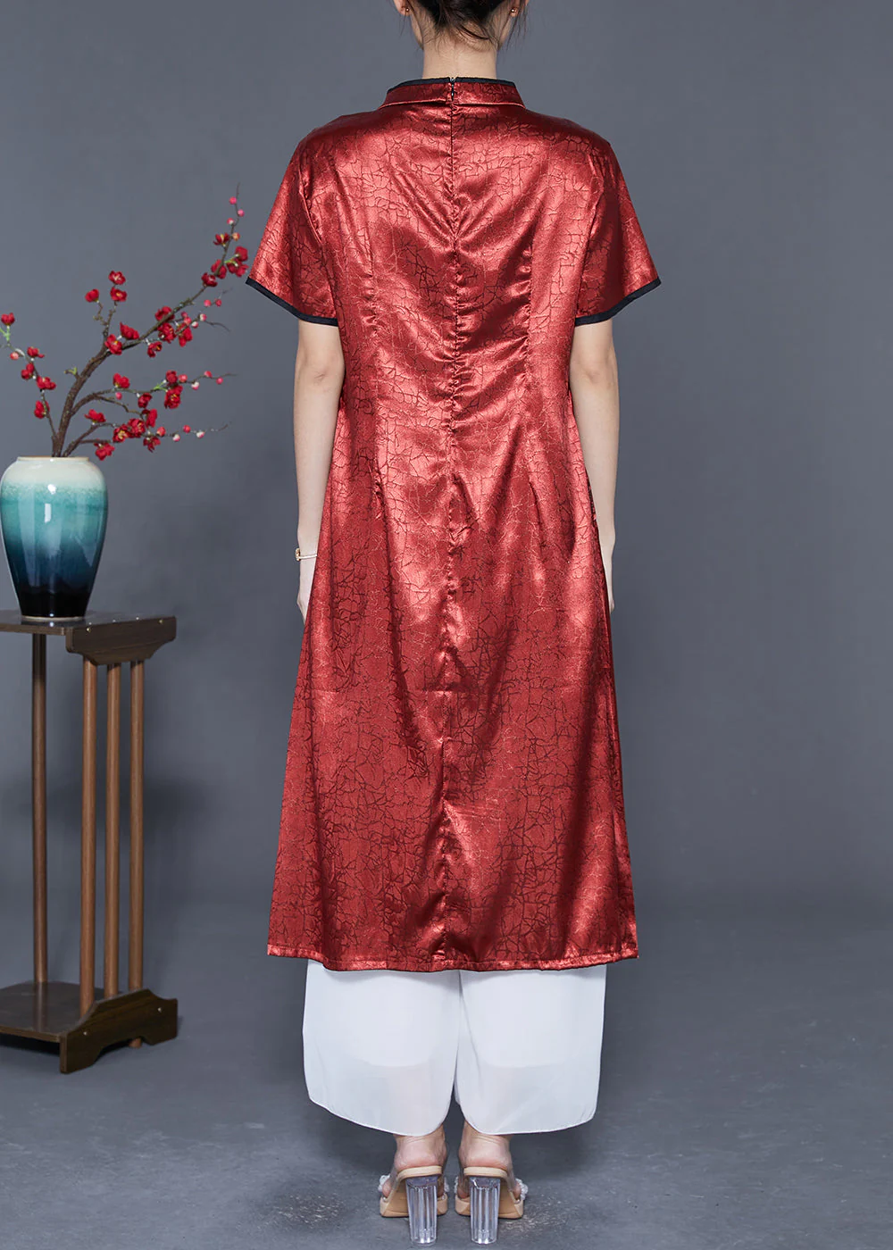 Organic Brick Red Mandarin Collar Embroideried Silk Vacation Dresses Summer - Image 4