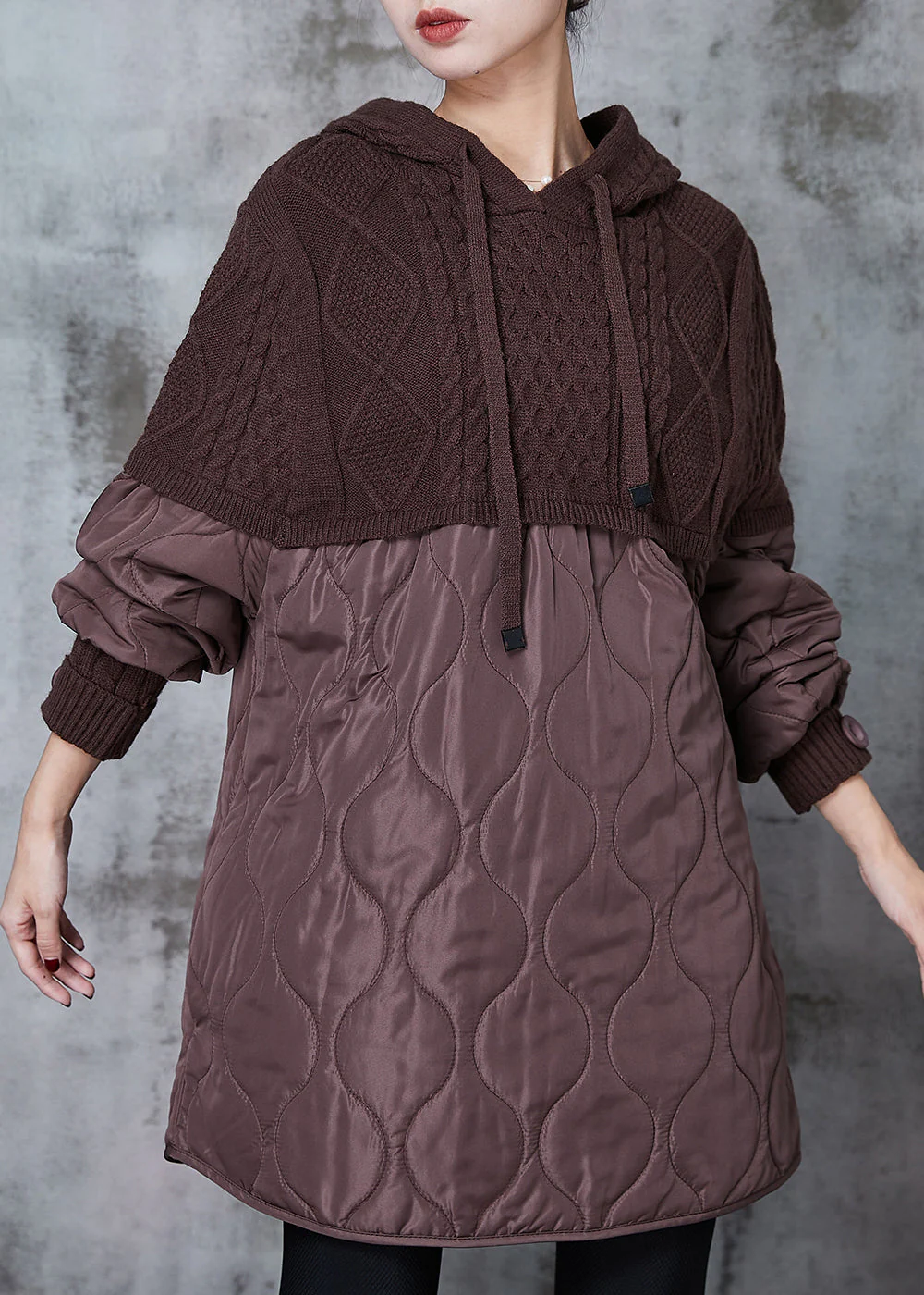 Organic Brown Hooded Patchwork Knit Sweatshirts Dress Spring - Image 3