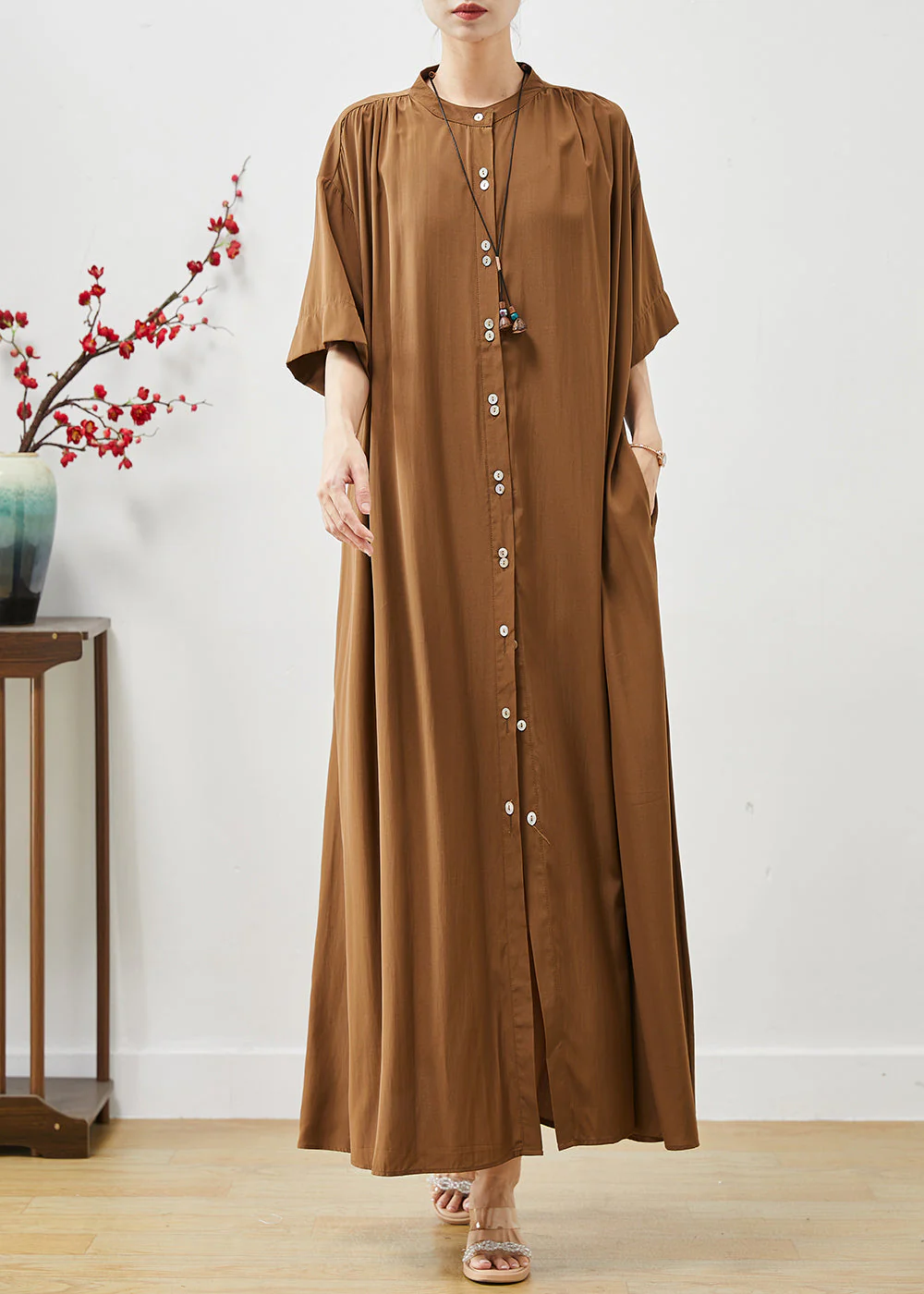 Organic Brown Oversized Cotton Maxi Dresses Summer - Image 3