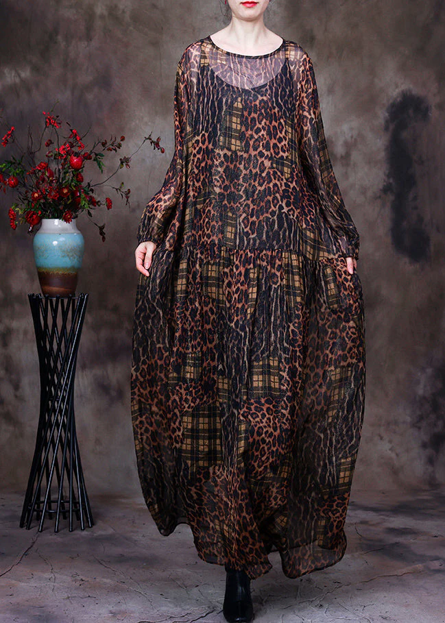 Organic Chocolate O-Neck Print Maxi Dress And Suspenders Two Pieces Set Fall