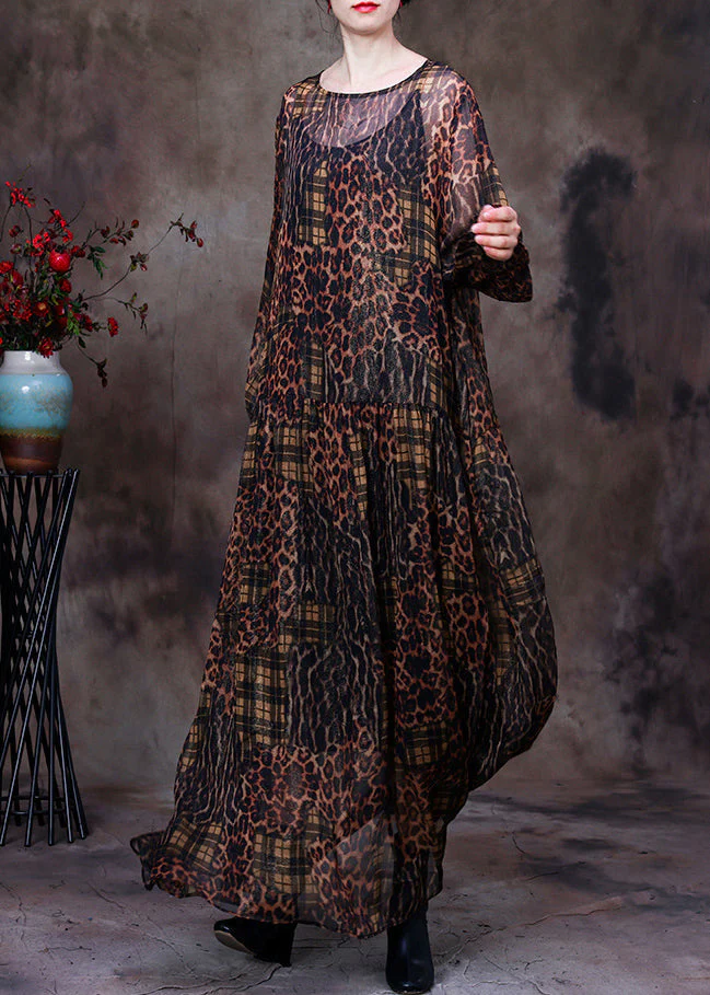 Organic Chocolate O-Neck Print Maxi Dress And Suspenders Two Pieces Set Fall - Image 2
