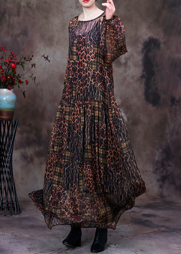 Organic Chocolate O-Neck Print Maxi Dress And Suspenders Two Pieces Set Fall - Image 3