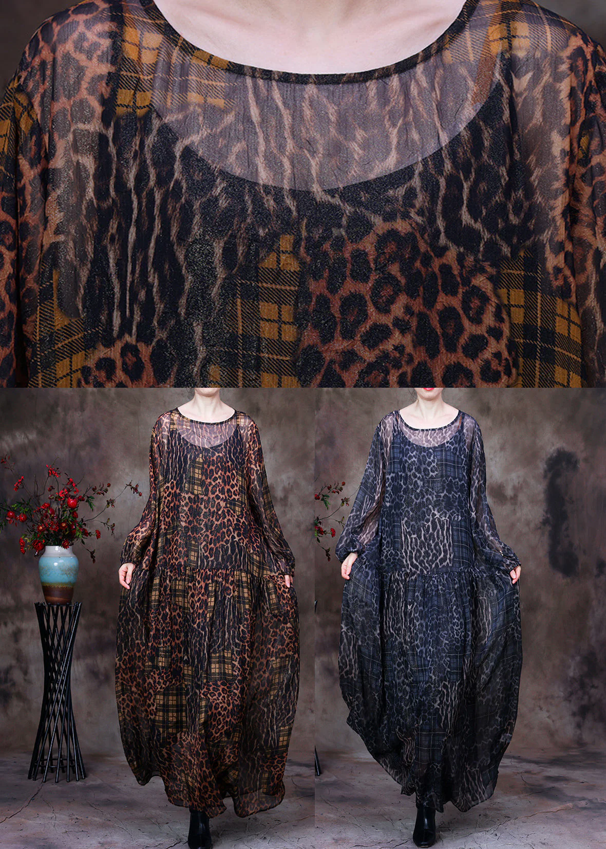 Organic Chocolate O-Neck Print Maxi Dress And Suspenders Two Pieces Set Fall - Image 5