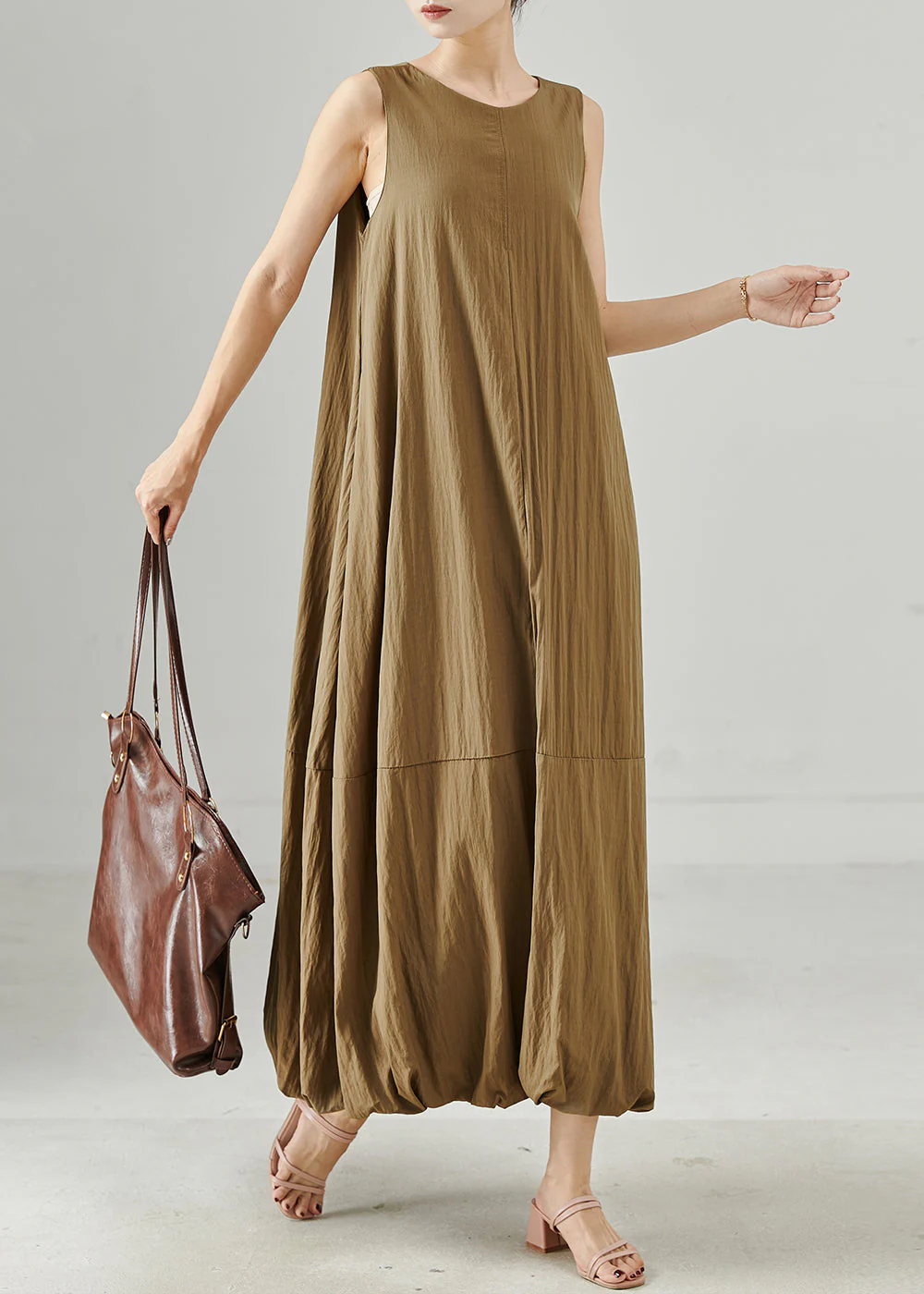 Organic Coffee Patchwork Cotton Holiday Dress Sleeveless - Image 2