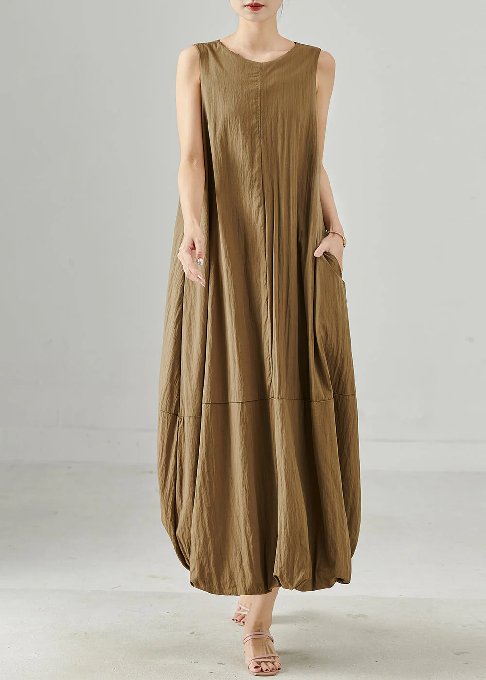 Organic Coffee Patchwork Cotton Holiday Dress Sleeveless - Image 3