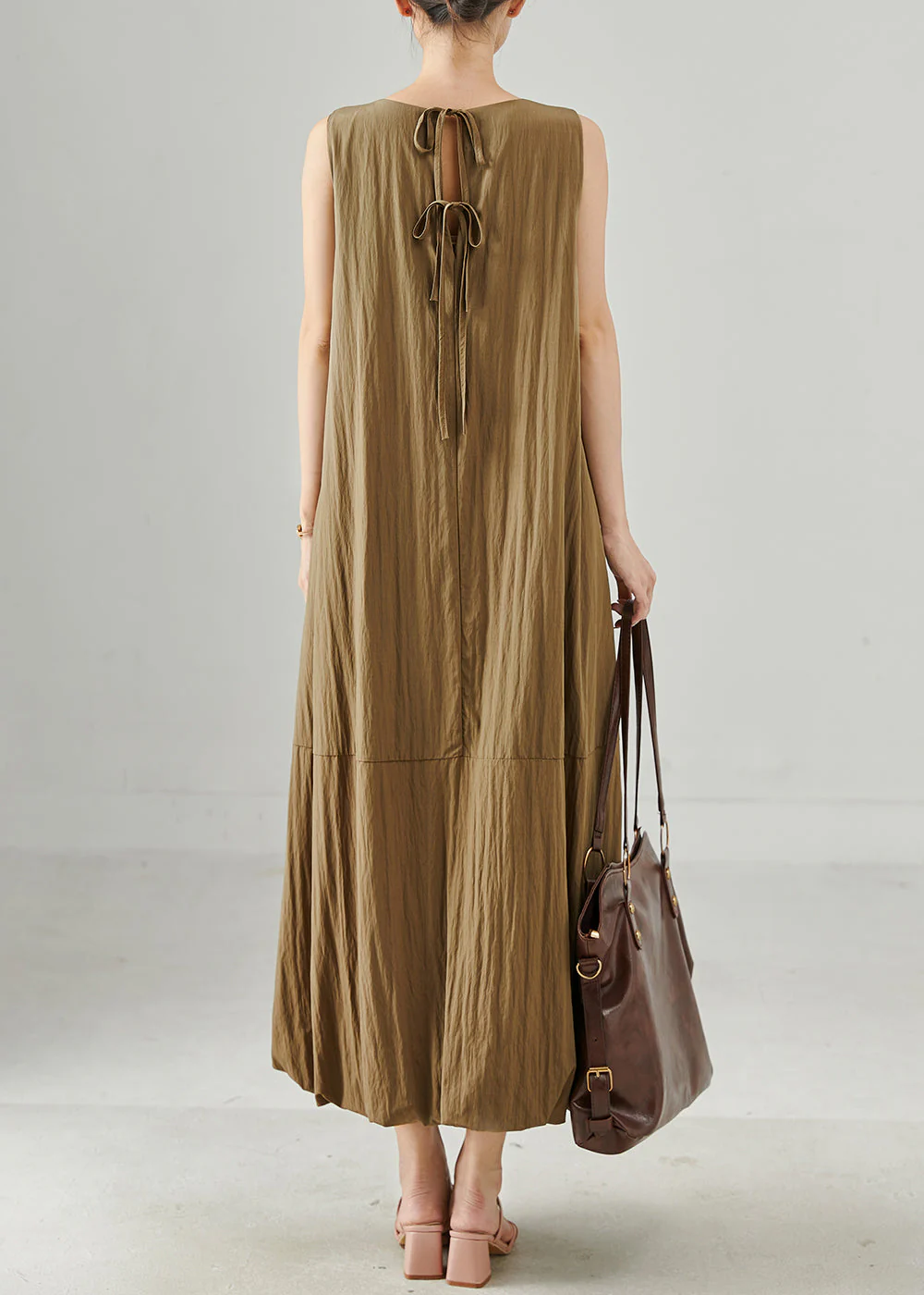 Organic Coffee Patchwork Cotton Holiday Dress Sleeveless - Image 4