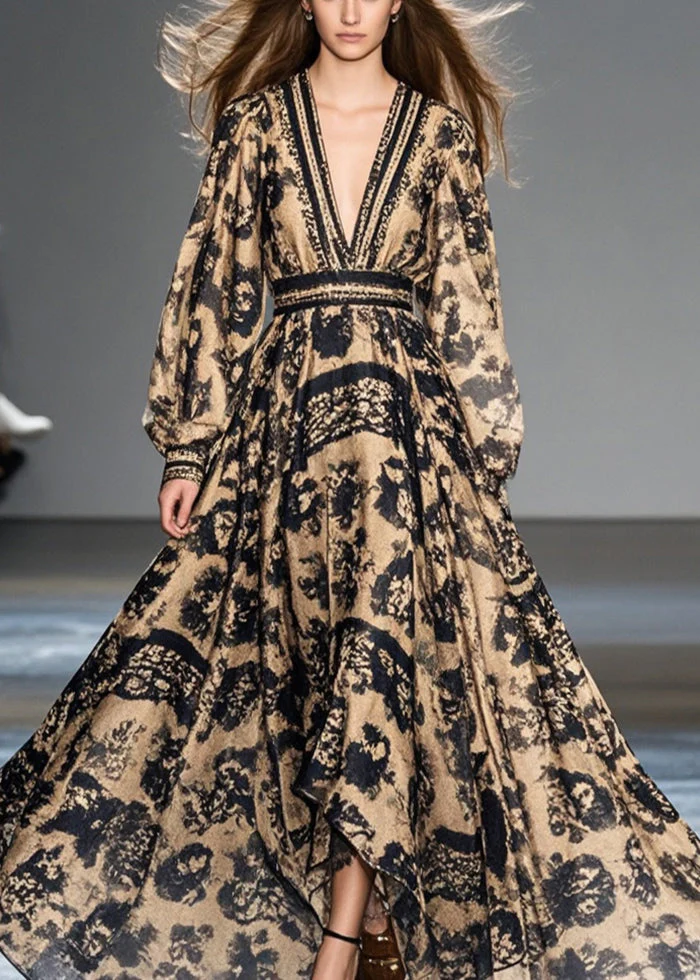 Organic Coffee Print Exra Large Hem Chiffon Cinched Dress Spring - Image 5