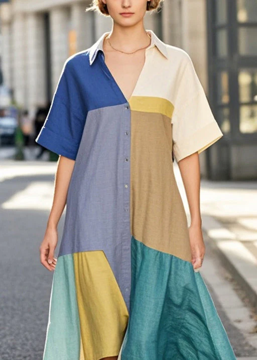 Organic Colorblock Asymmetrical Patchwork Cotton Maxi Dresses Summer - Image 2