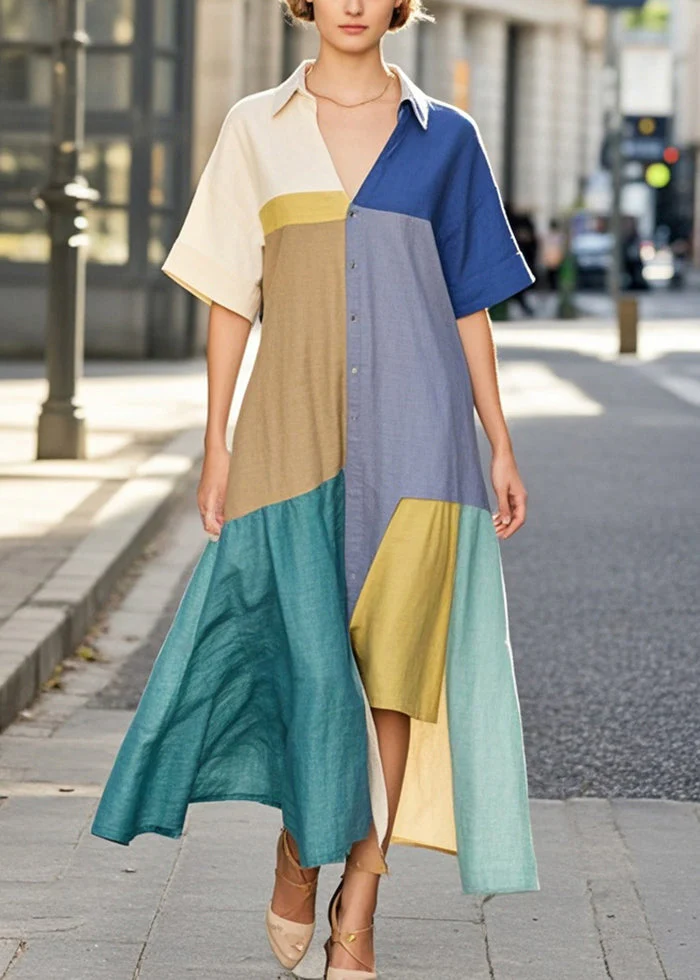 Organic Colorblock Asymmetrical Patchwork Cotton Maxi Dresses Summer - Image 3