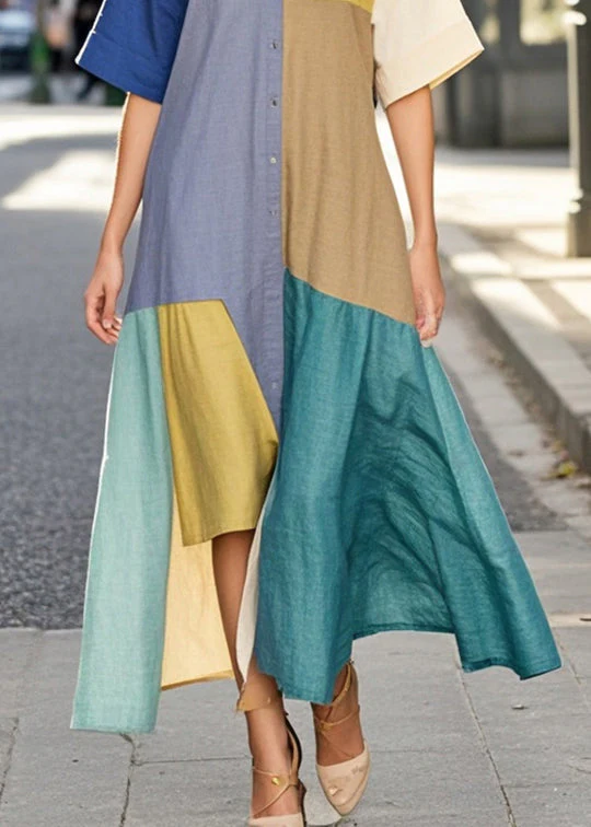 Organic Colorblock Asymmetrical Patchwork Cotton Maxi Dresses Summer - Image 4