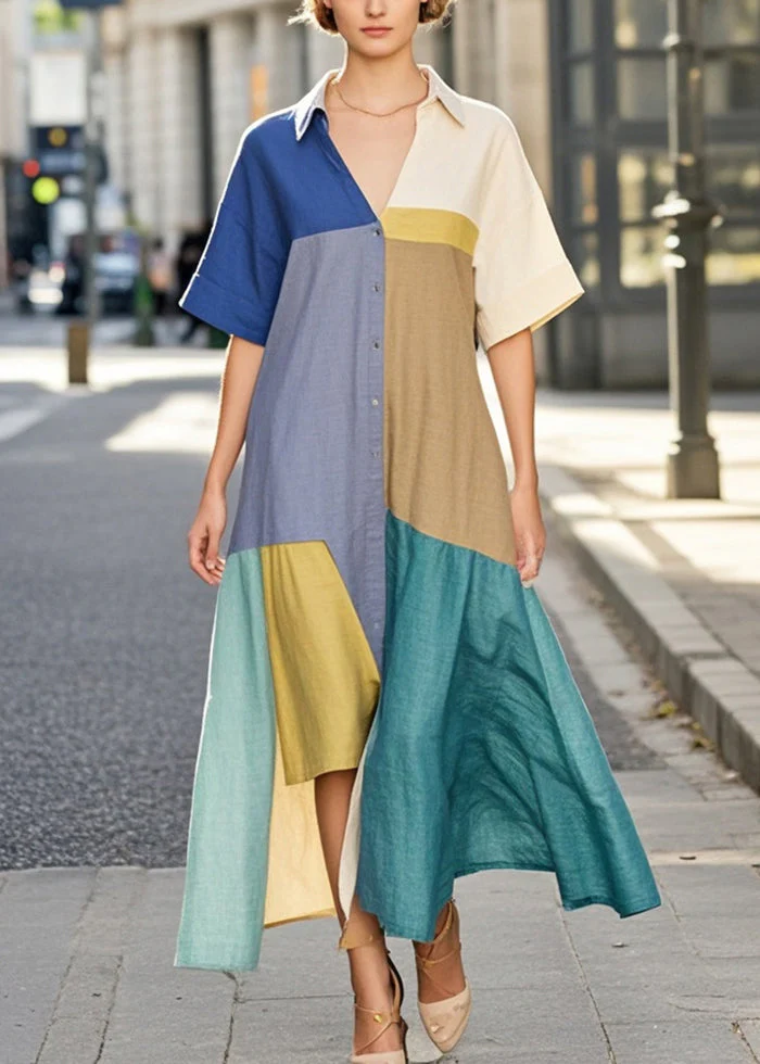 Organic Colorblock Asymmetrical Patchwork Cotton Maxi Dresses Summer - Image 5