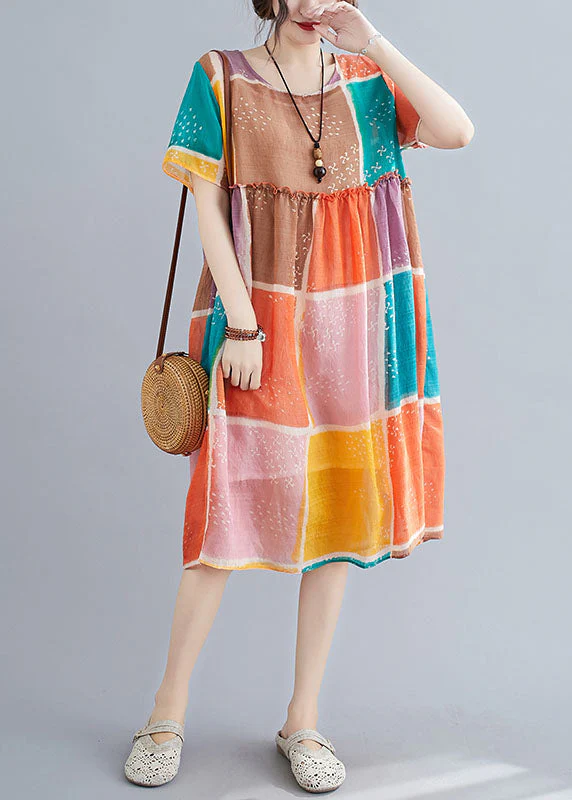 Organic Colorblock Block Print Ruffled Linen Maxi Dress Short Sleeve - Image 3