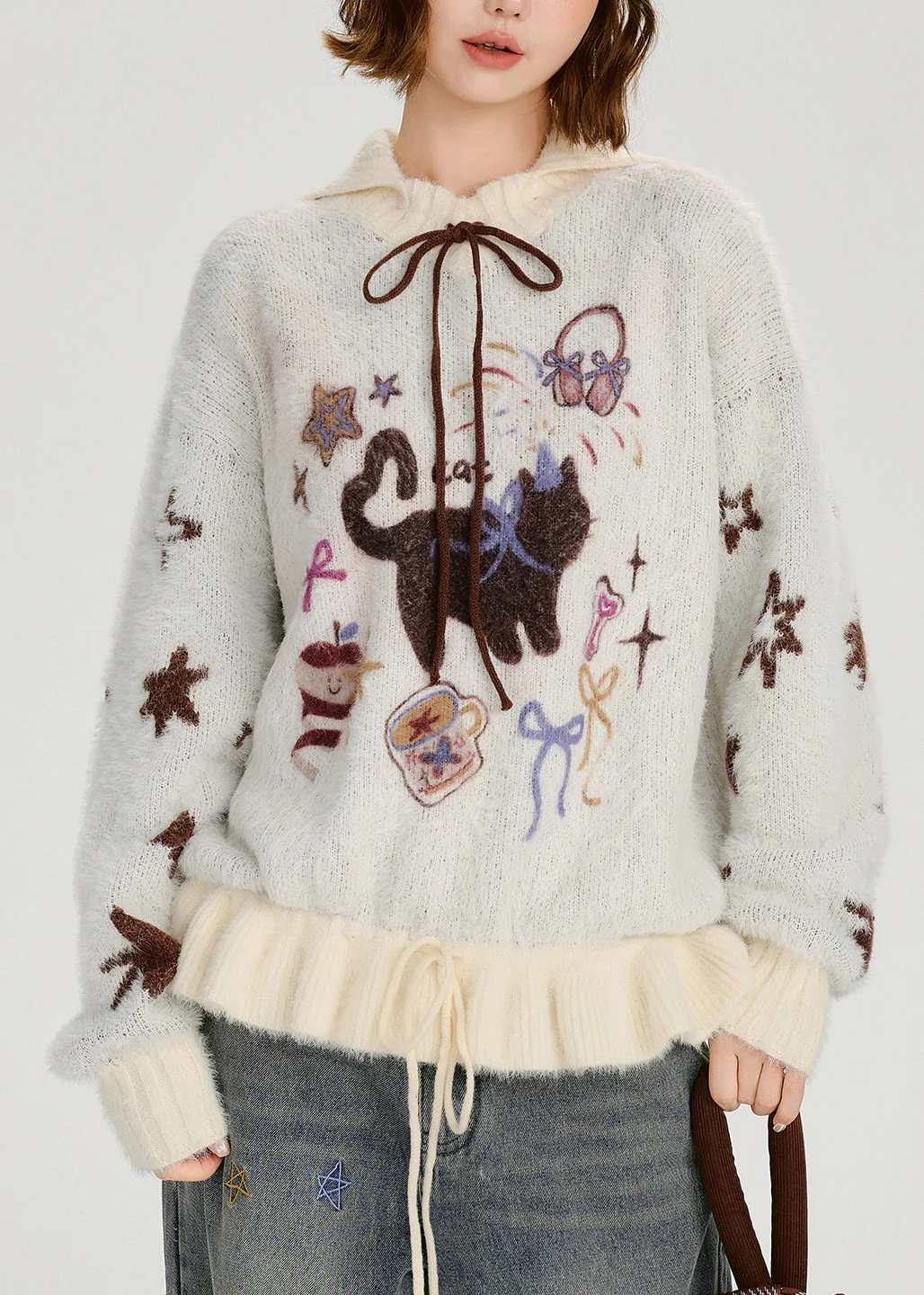 Organic Colorblock Cartoon Jacquard Patchwork Knitted Sweater Spring - Image 2