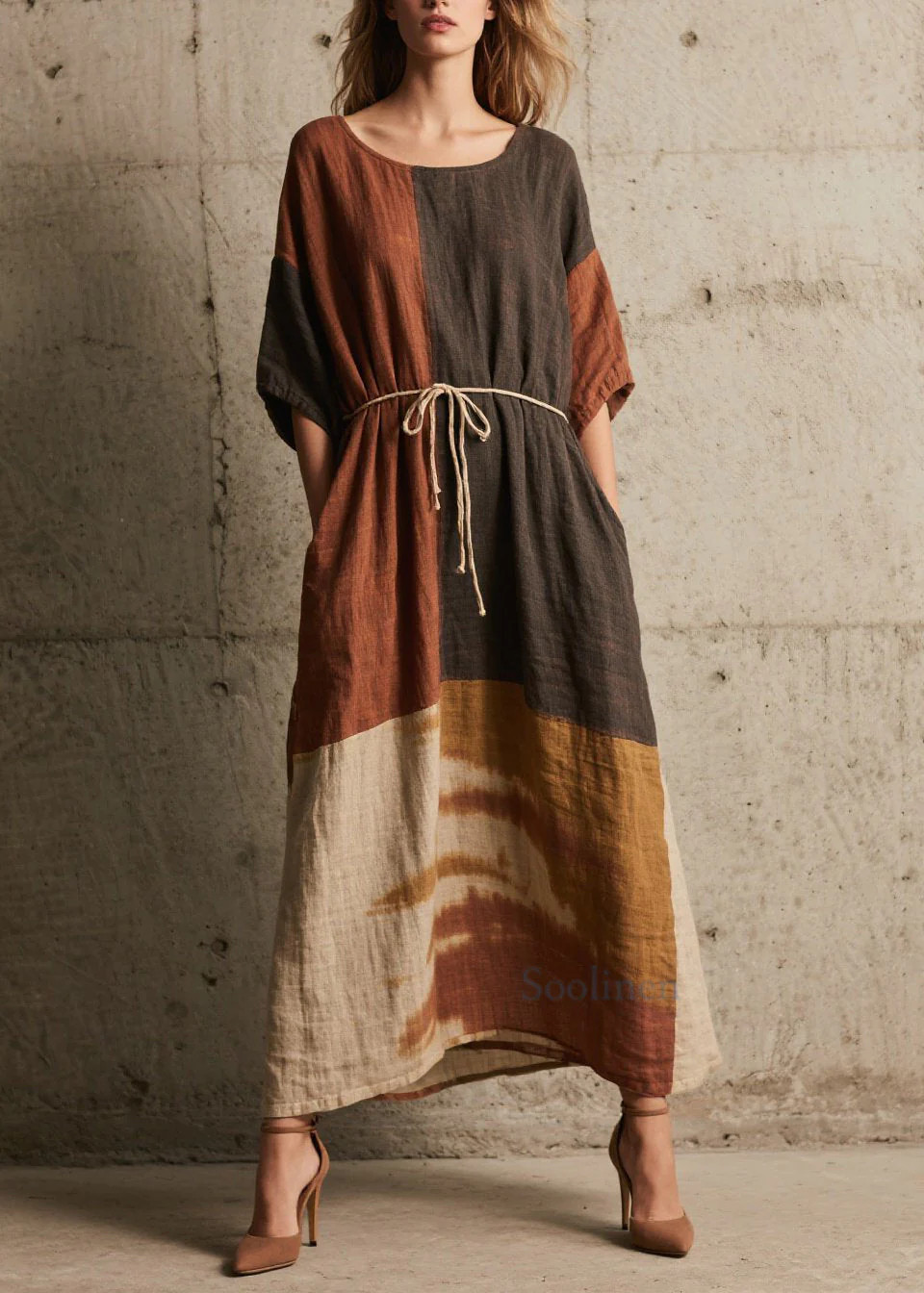 Organic Colorblock O Neck Tie Dye Cotton Dresses Summer - Image 3