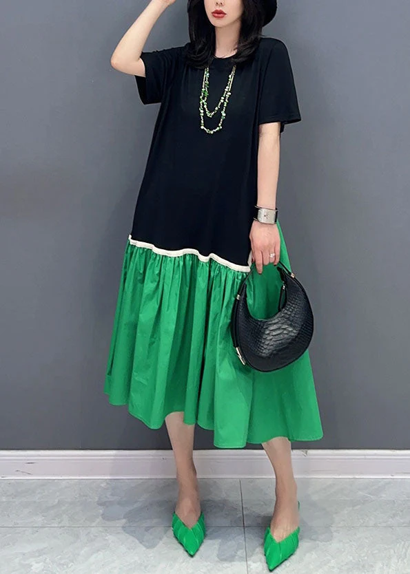 Organic Colorblock O Neck Wrinkled Patchwork Cotton Dress Summer - Image 2