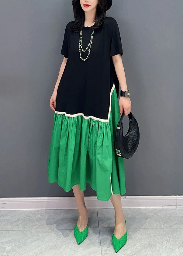 Organic Colorblock O Neck Wrinkled Patchwork Cotton Dress Summer - Image 3