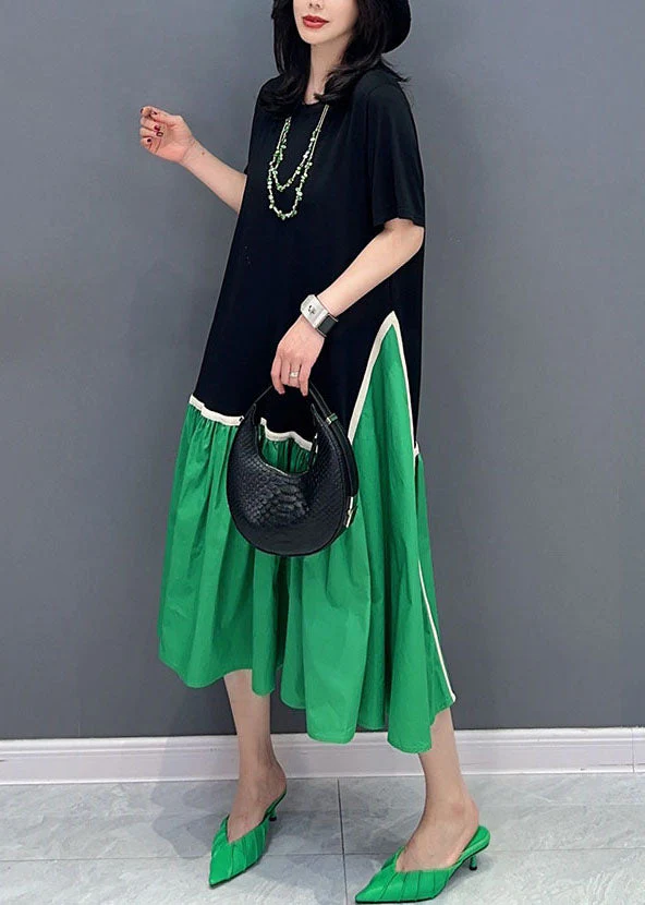Organic Colorblock O Neck Wrinkled Patchwork Cotton Dress Summer - Image 4