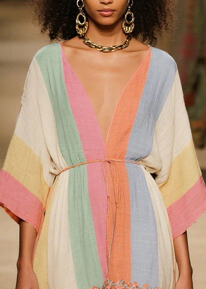 Organic Colorblock V Neck Floral Cotton Mid Dresses Summer - Image 2