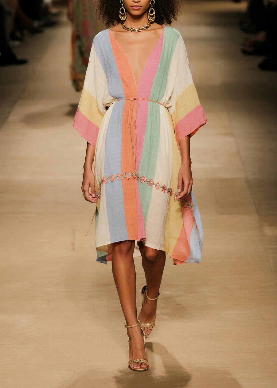 Organic Colorblock V Neck Floral Cotton Mid Dresses Summer - Image 3