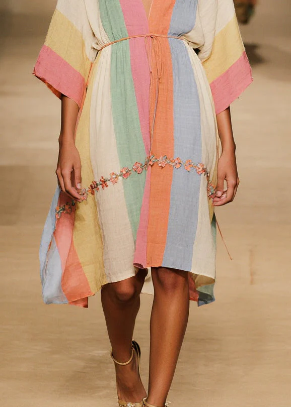 Organic Colorblock V Neck Floral Cotton Mid Dresses Summer - Image 4