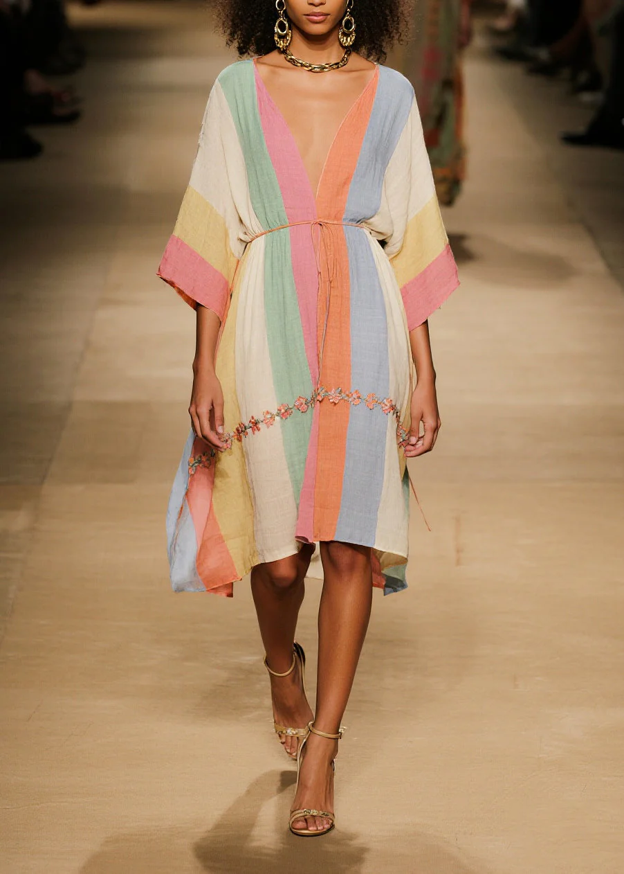 Organic Colorblock V Neck Floral Cotton Mid Dresses Summer - Image 5