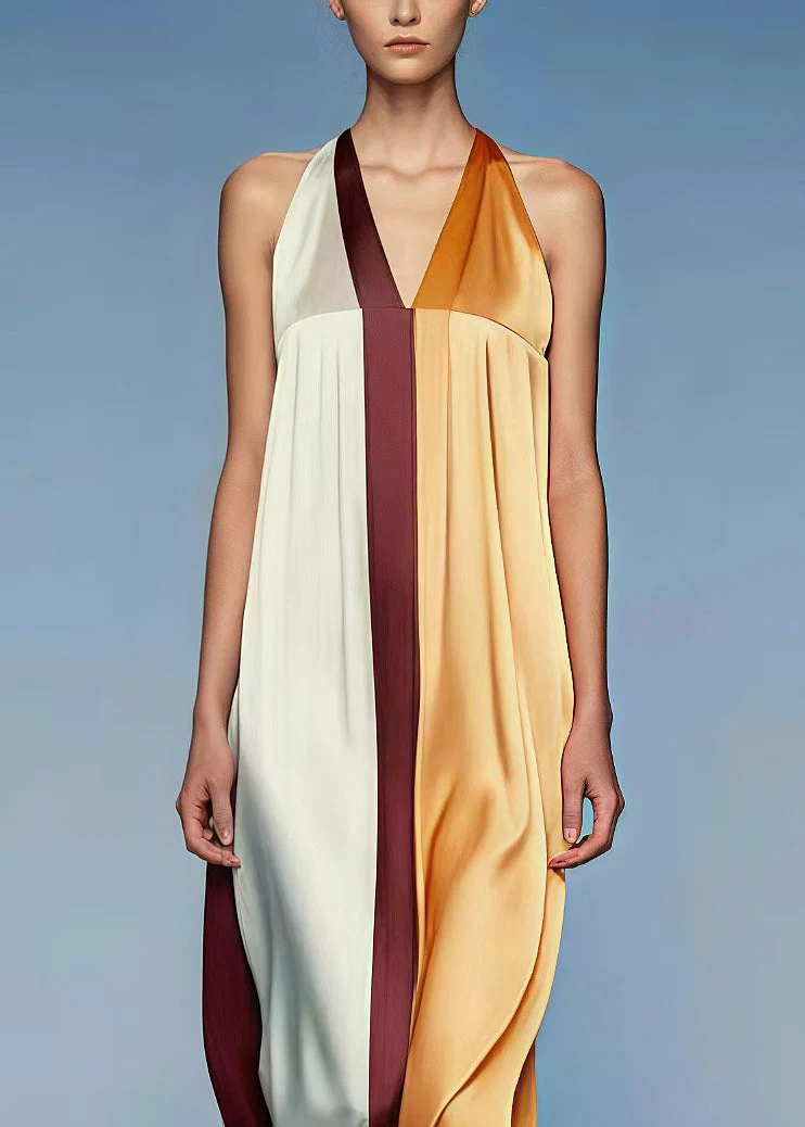 Organic Colorblock V Neck Patchwork Silk Vacation Halter Dresses Summer - Image 2