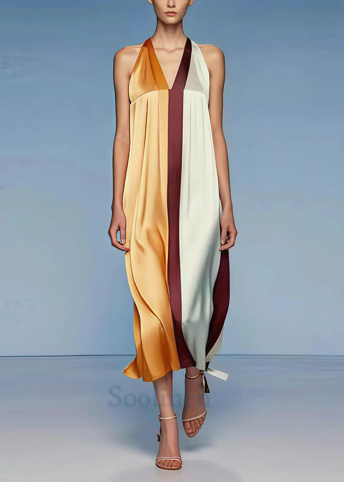 Organic Colorblock V Neck Patchwork Silk Vacation Halter Dresses Summer - Image 5