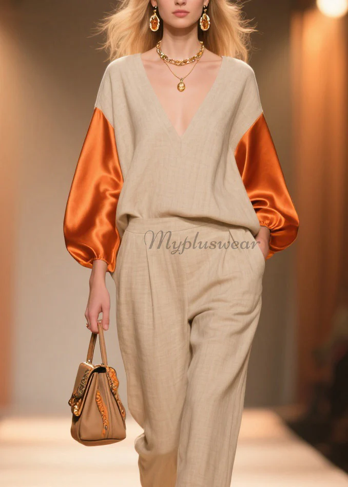 Organic Colorblock V Neck Silk Patchwork Linen Sets 2 Pieces Spring - Image 2