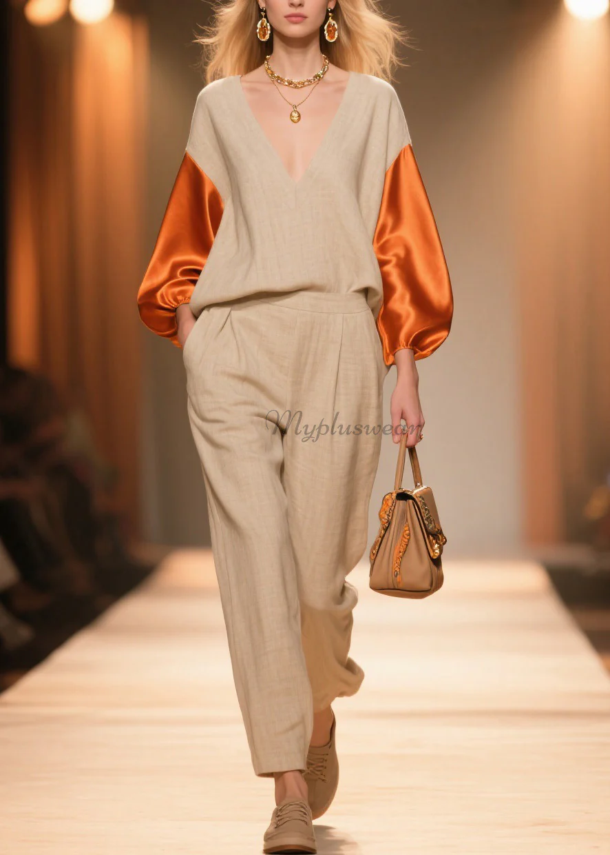 Organic Colorblock V Neck Silk Patchwork Linen Sets 2 Pieces Spring - Image 3