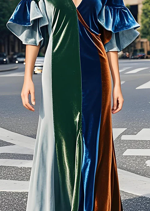 Organic Colorblock V Neck Velvet Dresses Butterfly Sleeve - Image 4