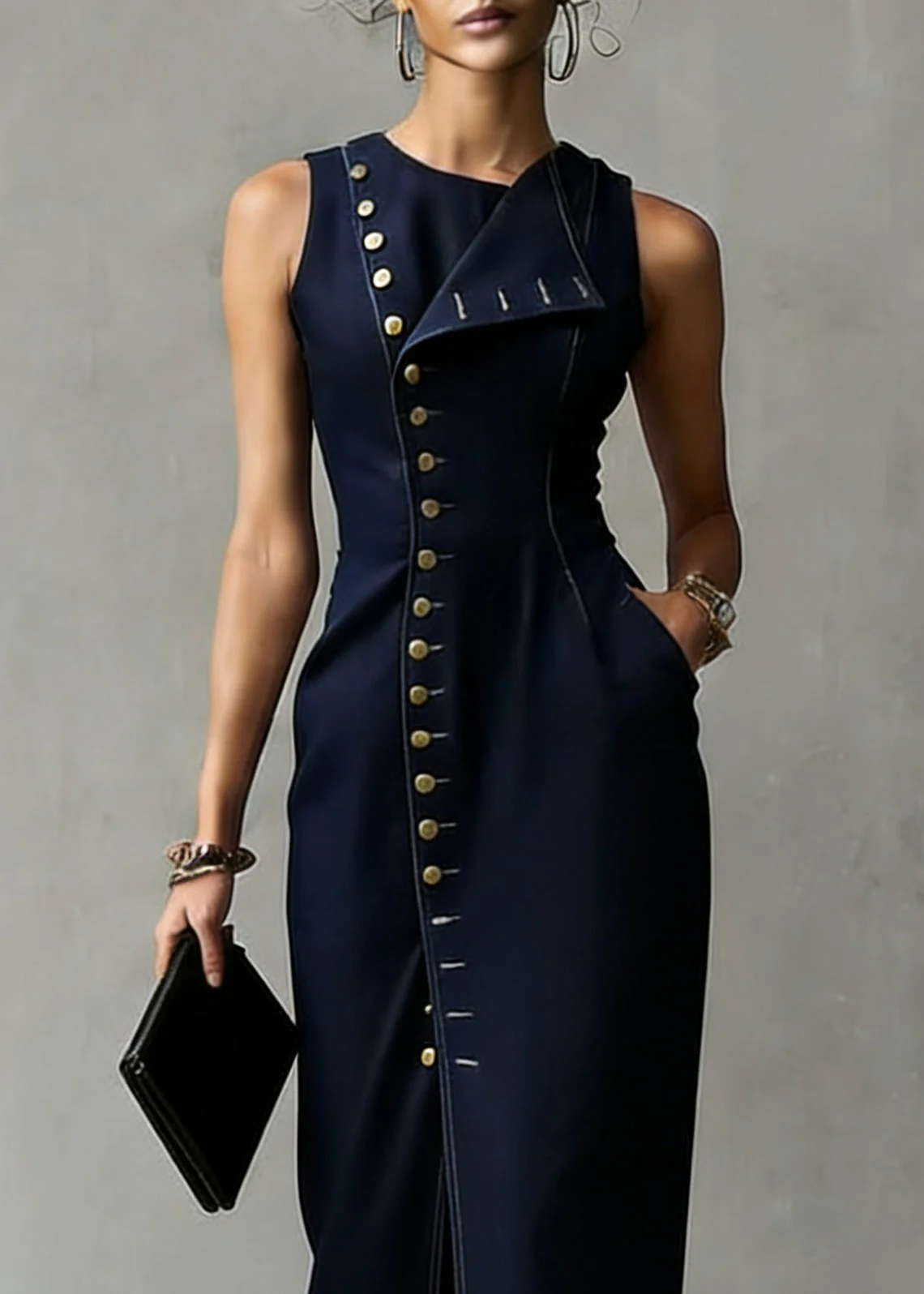 Organic Dark Blue Asymmetrical Pocket Denim Maxi Dress Sleeveless - Image 2