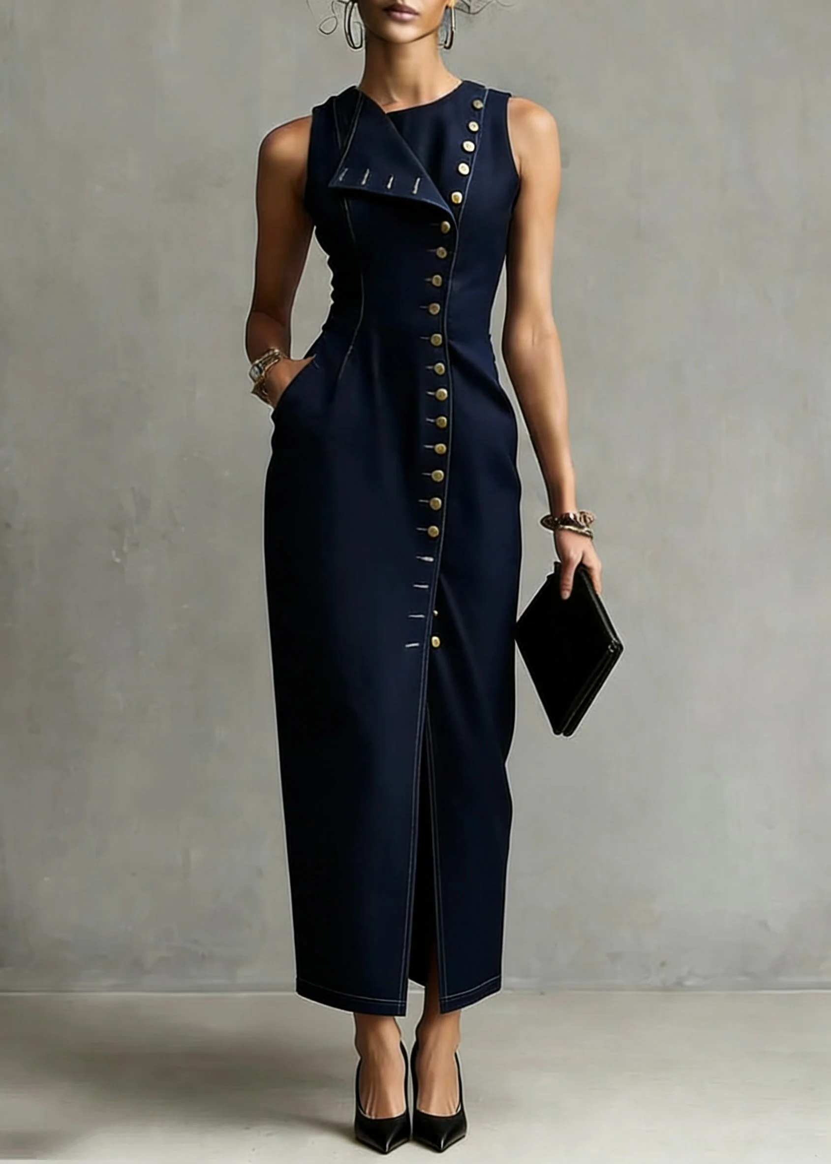 Organic Dark Blue Asymmetrical Pocket Denim Maxi Dress Sleeveless - Image 3