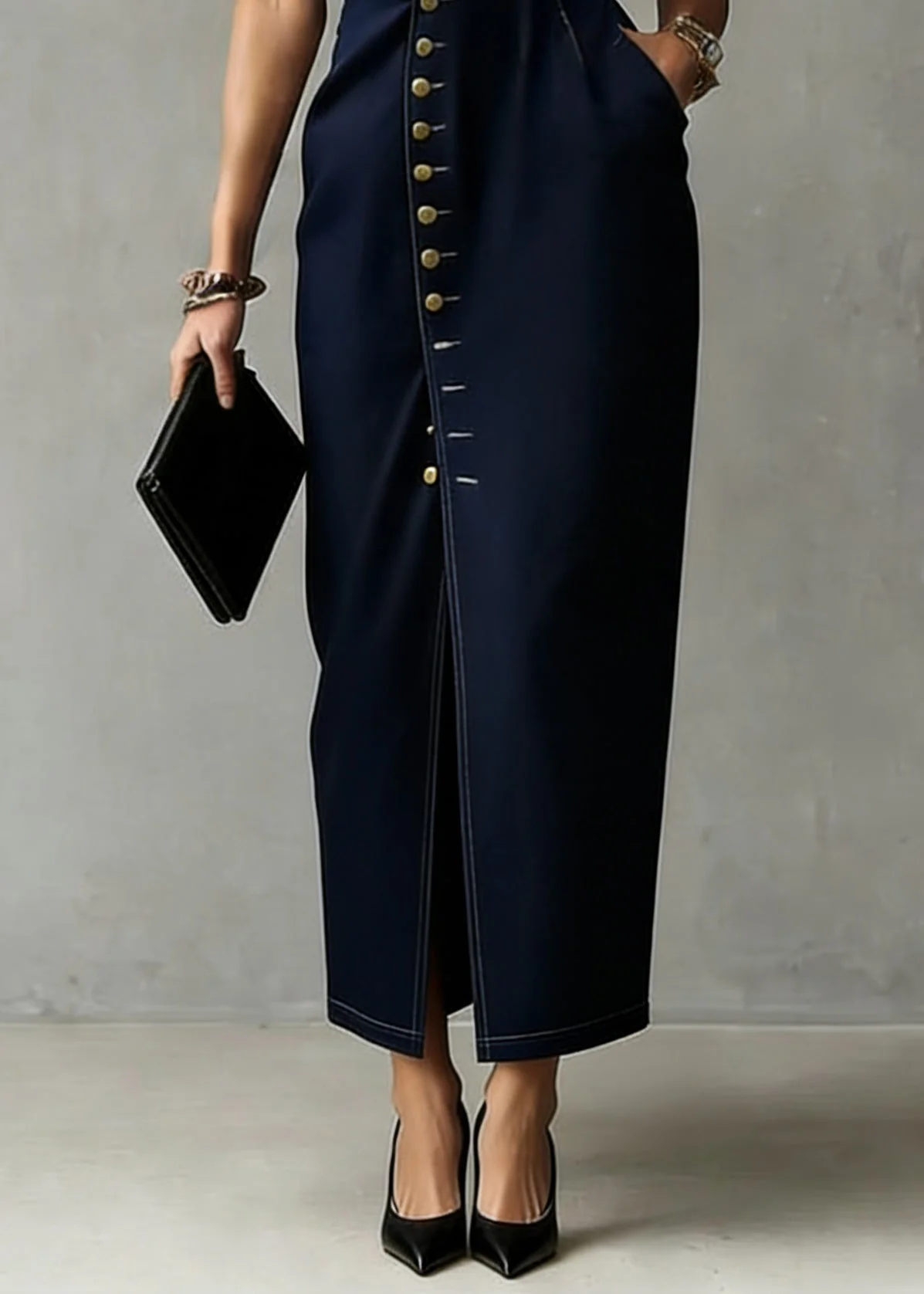 Organic Dark Blue Asymmetrical Pocket Denim Maxi Dress Sleeveless - Image 4