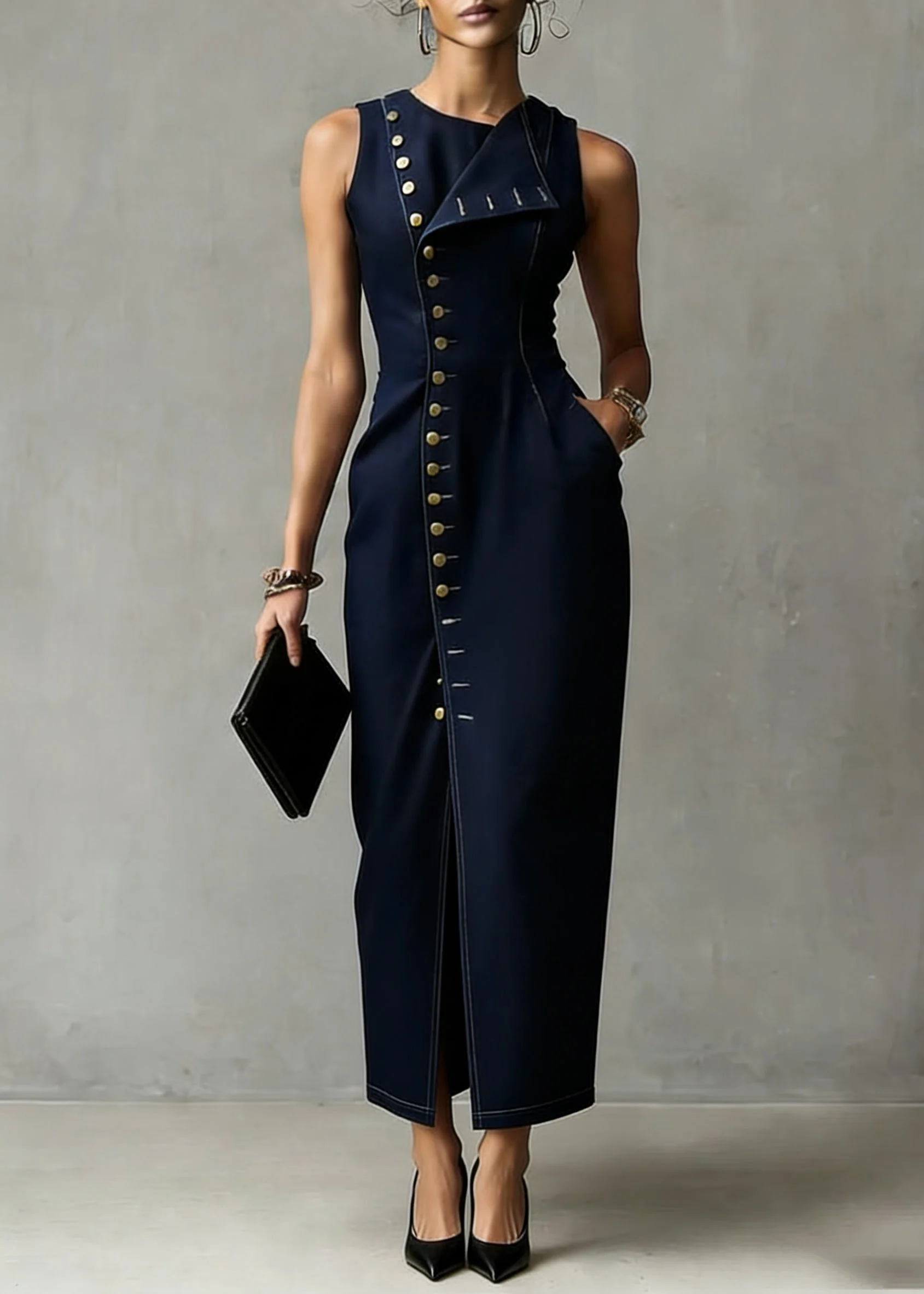 Organic Dark Blue Asymmetrical Pocket Denim Maxi Dress Sleeveless - Image 5
