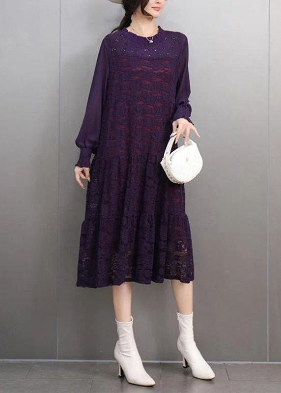 Organic Dark Purple Hollow Out Holiday Lace Long Dress Spring - Image 3